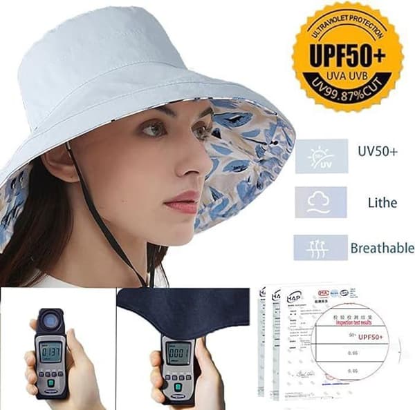 Vendbar solhat med bred skygge til kvinder, foldbar, til sommer og rejser, med klips, UV-beskyttelse, blå