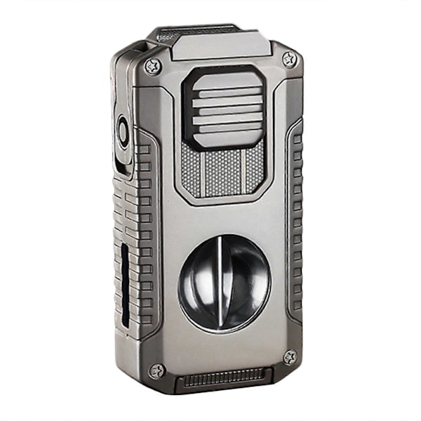 5-i-1 Cigar Lighter med V-Cutter & Punch & Draw Enhancer - Triple Jet Flame Genopfyldelig Butan Torch, Perfekt Gave til Mænd Black Brushed
