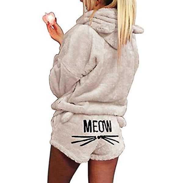 Famkit Fleece Pyjamas til Kvinder og Piger - Hyggeligt Nattøj med Broderet 'Meow' - Trøje med Hætte og Shorts - 2-delt Sæt - Party Pink Pink L