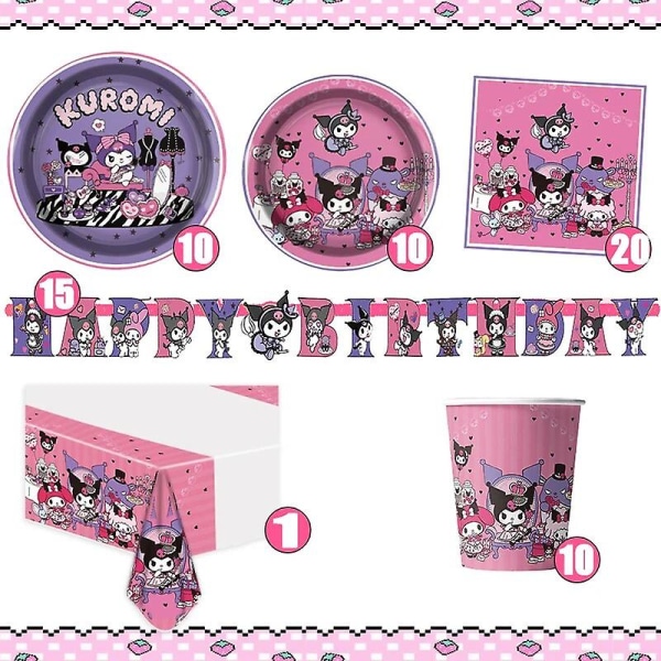 Kuromin syntymäpäiväjuhlat 2024 - My Melody -juhlatarvikkeet: Pinkki pöytäliina, kupit, ilmapallot, 9 lautasta, lippu, vauvakutsujuhlatarvikkeet, lelu Set 48pcs 8