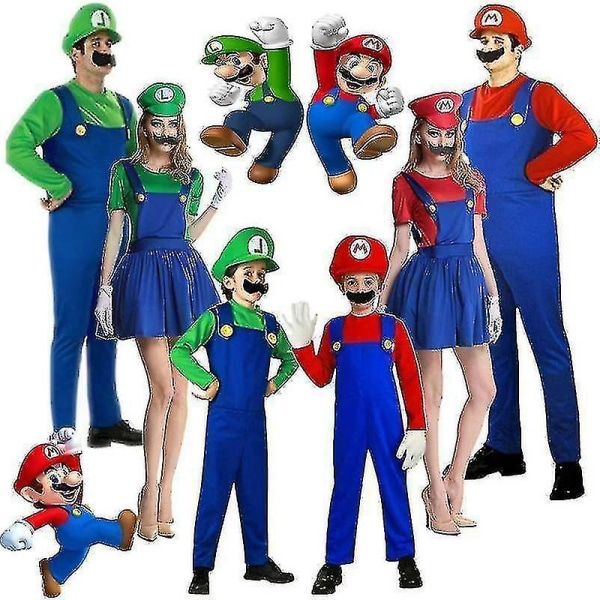 Super Mario Luigi Cosplay Kostym Vuxna Barn Fancy Dress Up Outfit Kläder Red Men S