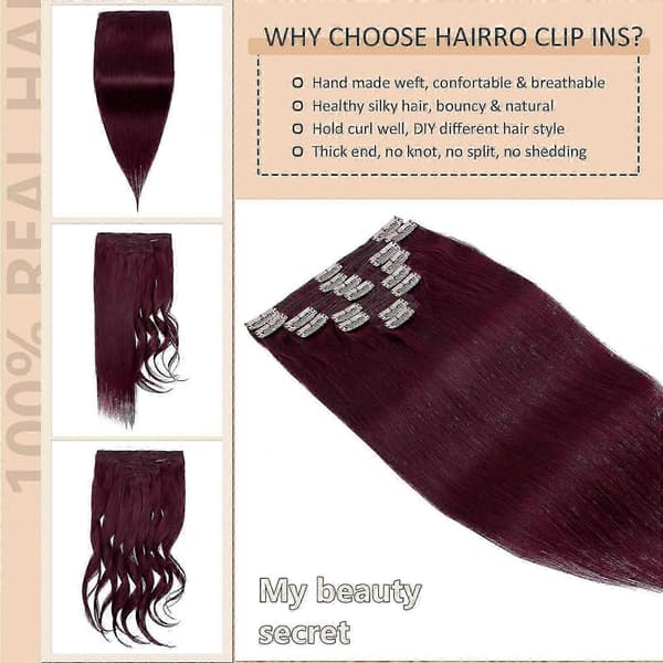 Vinrøde 20\" ægte hår extensions til kvinder, 150g Double Weft Clip-In Full Head Sæt