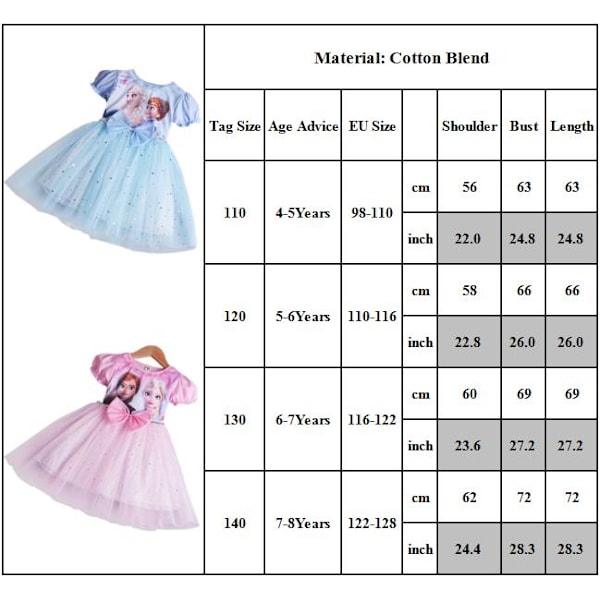 Pigekjole Frozen Elsa Anna Prinsesse Tutu Tulle Kjole Blå Blue 4-5 Years