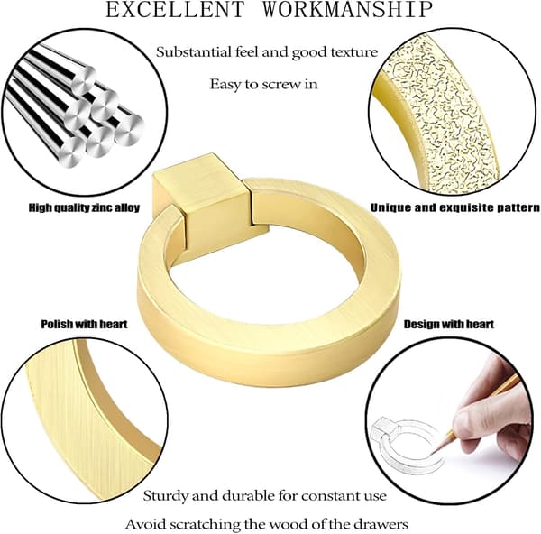[KK] 4-pack Zinc Alloy Cabinet Knobs, Brushed Brass Drawer Pull Ring, Gold Round Cabinet Handles, Door Handles for Kitchen Cabinets