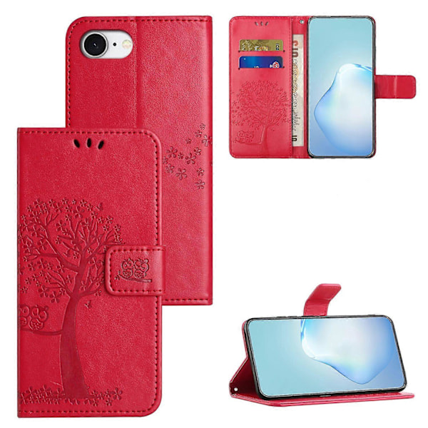 För iPhone 16e Fodral PU Läder Uggla Träd Tryckt Plånbok Telefonfodral Multicolor Red