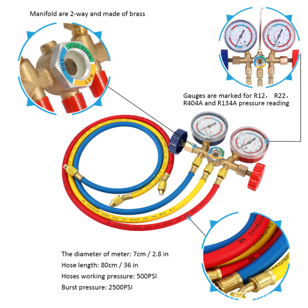 SQBB Kylmedelsmanifold Kit Luftkonditioneringsverktyg med slang och krok för R12 R22 R404a R134a