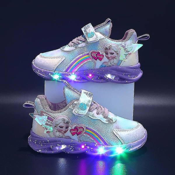 Flickor Led Casual Sneakers Elsa Princess Print Outdoor Skor Barn Light-up Halkfria skor för och vinter Lila 21-innersula 13,3cm