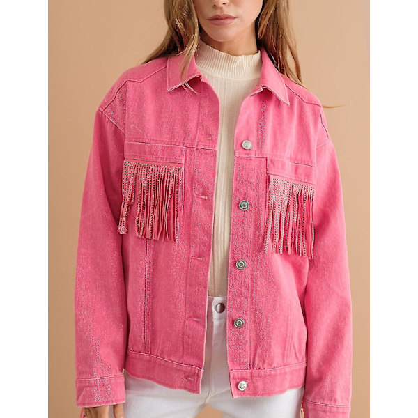 Dames Rhinestone Fringe Denimjakke Langærmet Casual Tassel Jeanjakke Frakke Rød Red Medium