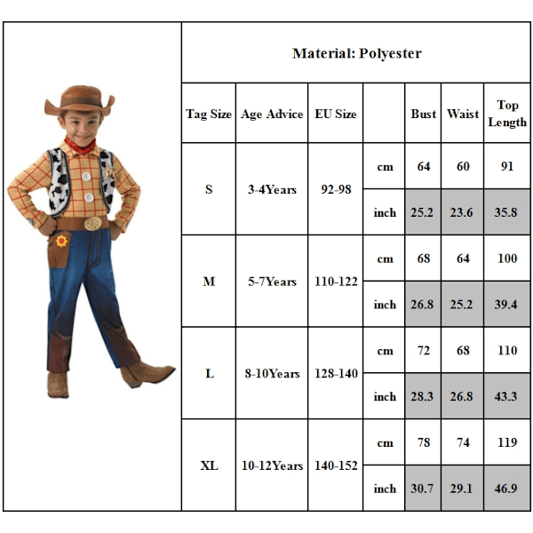 Børne Toy Story Woody Cosplay Kostume Cowboy Halloween Party Fancy Dress Outfit S