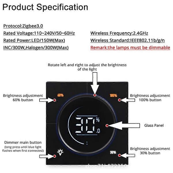Uendelig Knapp MOSFET Dimmer Regulator Zigbee 3.0 PC Panel Vegglysbryter Digital LCD Bakkantdimming Hvit White