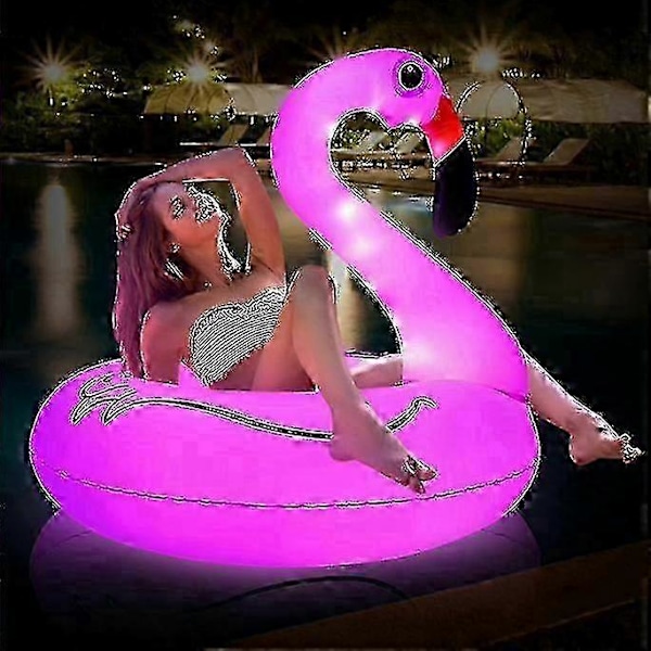 Oppblåsbar Flamingo Badeleke med Lys, Solcelledrevet Flamingo Badering Flamingo