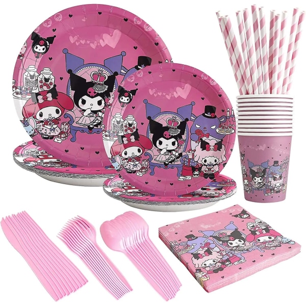 Kuromi Födelsedagsfest Dekoration My Melody Festtillbehör Rosa Duk Koppar Ballonger 9 Tallrikar Banderoll Baby Shower Tillbehör Leksak Set 48pcs 8