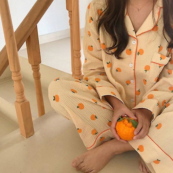 Blød Bomuld Kawaii Appelsin Print Langærmet Pyjamas Sæt L