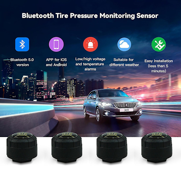 Däcktrycksövervakningssystem med 4 externa sensorer TPMS, tryck- och temperaturlarm, stöd för iOS/Android med appstyrning Black