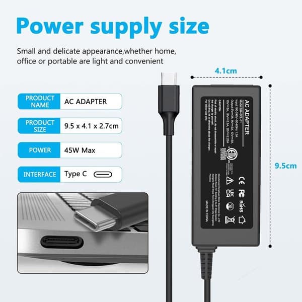 45W USB-C oplader til HP, Dell, Huawei, Matebook, ASUS, Acer, Google, Samsung, USB-C strømforsyning, Chromebook-adapter, PC