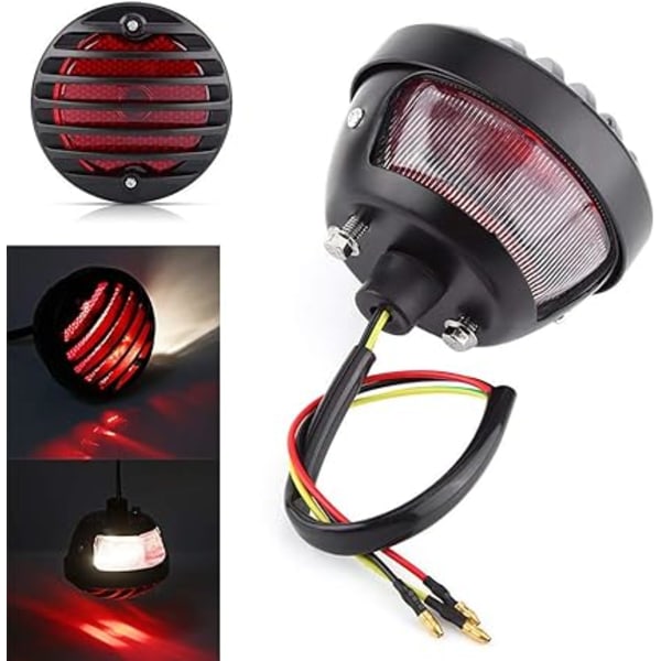 Bremsbaglygte, Universal Rund Motorcykel Baglygte Bremslygte Baglygte til Bobber Chopper Scootere ATV, (1 stk, Sort)