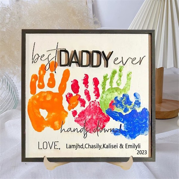 Bästa pappa någonsin händer ned skylt, fars dag DIY handavtryck träplakett, handavtryck plakett för pappa/pappa/farfar/pappa
