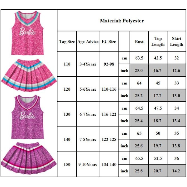 Flickors Barbie Cheerleader Cosplay Tank Tops Kjolar Uniform Outfit rosaröd rose red 130cm