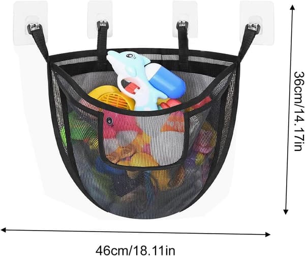 Badelegetøjsopbevaringskurv, PVC-net med ventileret hurtigudløsningsdesign til børns badeværelsesorganisering, sort