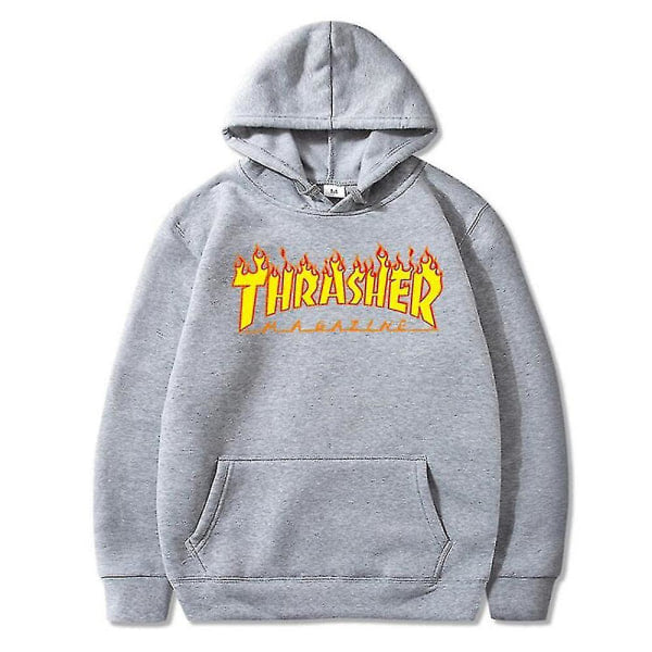 Unisex Thrasher Hoodie med bokstavstryck, tröja med dragsko och ficka Grå M