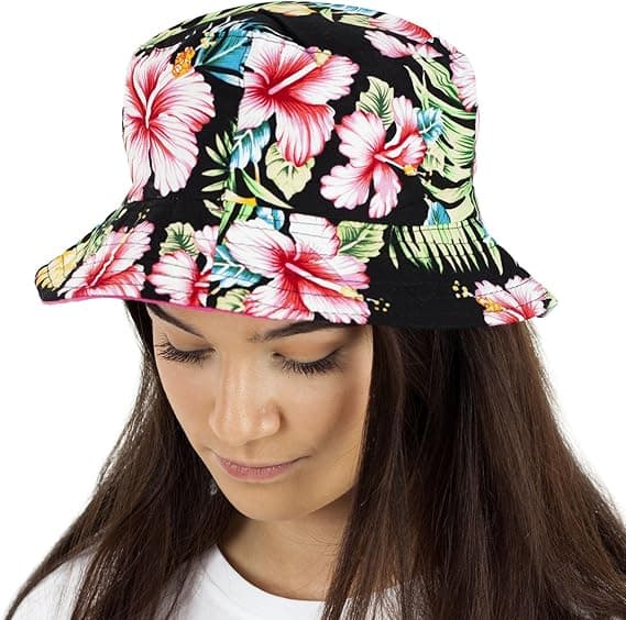 Dame Reversibel Bomull Retro Blomstret Bush Bucket Solhatt, Blå