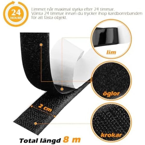 Dobbeltsidet Velcrobånd 20mm x8m - Ekstra Stærk Tape til Alle Overflader Sort 20mm x 8m