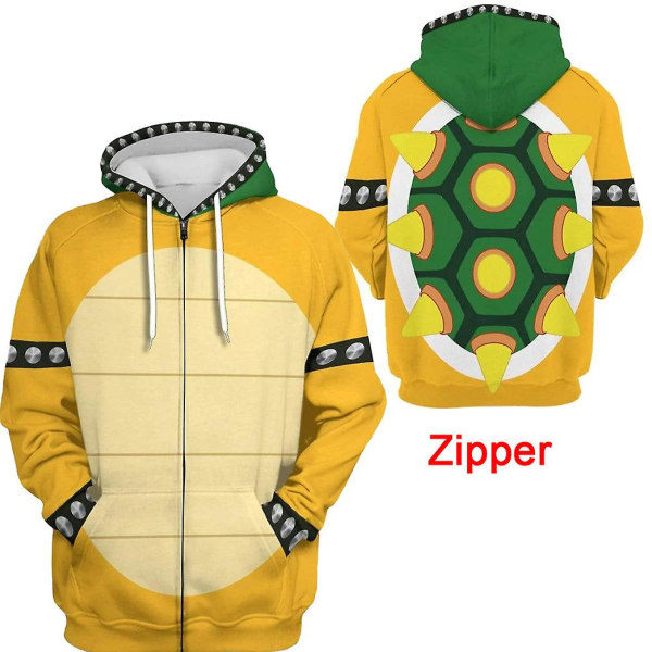 Tegneserie Bowser 3D Print Oversized Dame/Herre Hættetrøje Sweatshirt Y2k Streetwear Hip Hop Pullover Hættejakke Cosplay Kostume - en lynlås hættetrøje XL（ca） zipper hoodie XL