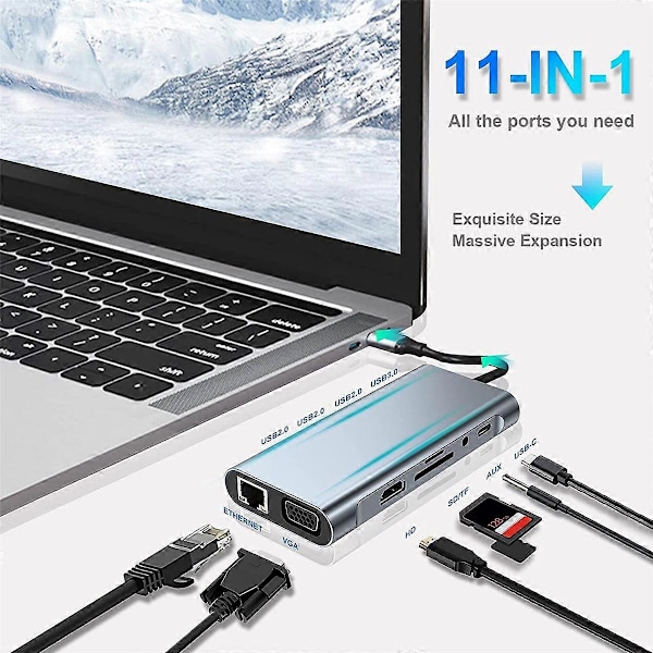 CASA 11 i 1 USB C HUB Dockningsstation med 4K -Kompatibel, VGA, USB 3.0-port, Typ C PD, RJ45 Ethernet, SD