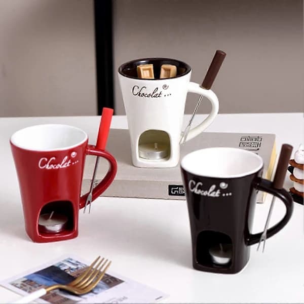 Chokladfondue Mugg 130ml med Gafflar för Ost & Smör Brun