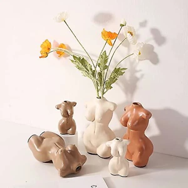[CA] Kropsvase til badeværelsesindretning, Boho Blomster, Vase til minimalistisk, eklektisk, toiletskabsindretning, beige, kropsformet