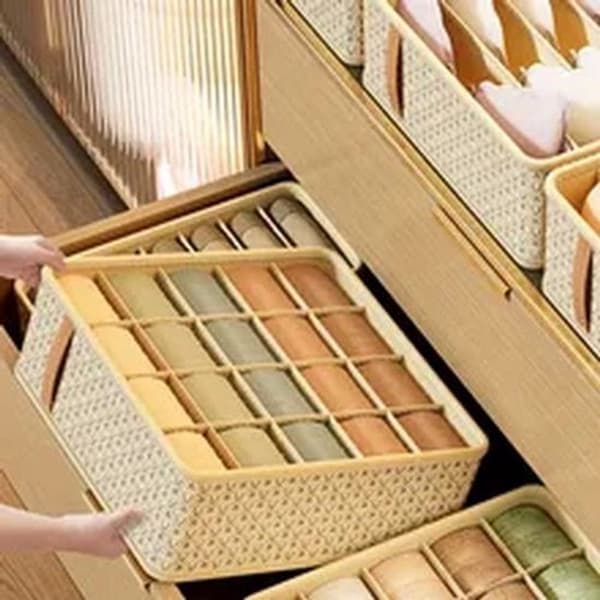 2-delt foldbar undertøjsorganizer, opbevaringsbokse med rum til bh'er og sokker, garderobeskuffeorganizer til soveværelset, beige