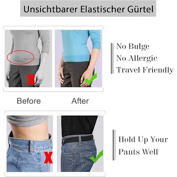 Elastisk belte for kvinner, belte uten spenne, usynlig belte for jeans