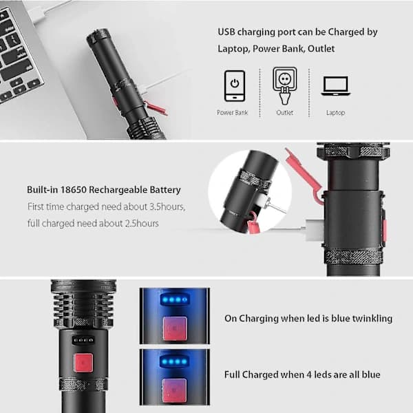 Elekin Rechargeable LED Flashlight with Zoom Function, Waterproof Torch for Camping and Outdoor Use