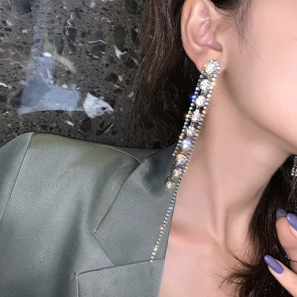Boho Fringe Øredobber Sølv Rhinestone Krystall Bryllup Lange Dusker