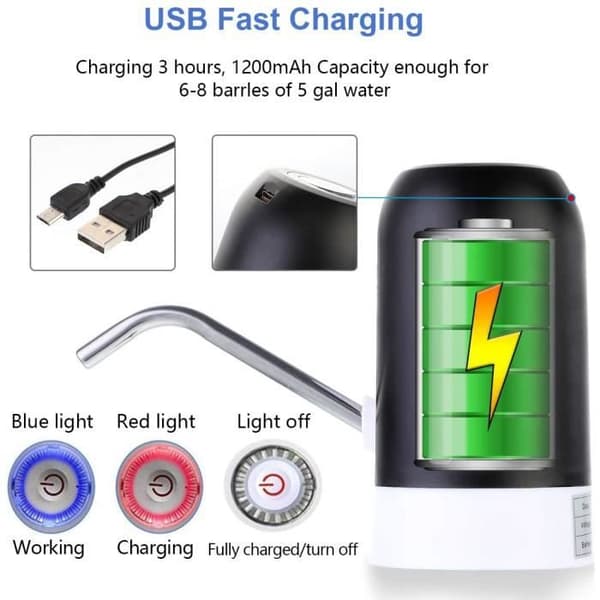 Automatic Water Dispenser - USB Rechargeable Pump - Compatible with 2-5 Gallon - Portable - Black
