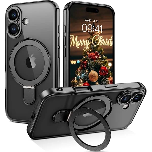 iPhone 16 Deksel [Kompatibelt med Magsafe], Justerbart Ringstativ Full Kamerabeskyttelse Fallbeskyttelse Støtsikkert Deksel, Svart