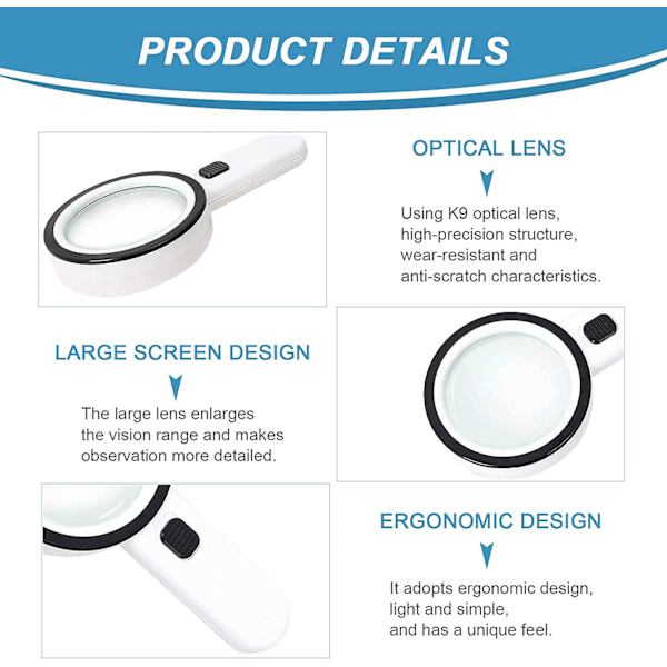 Forstørrelsesglass med 12 LED-lys, 30x dobbelt glasslinse håndholdt opplyst forstørrelsesglass leselup