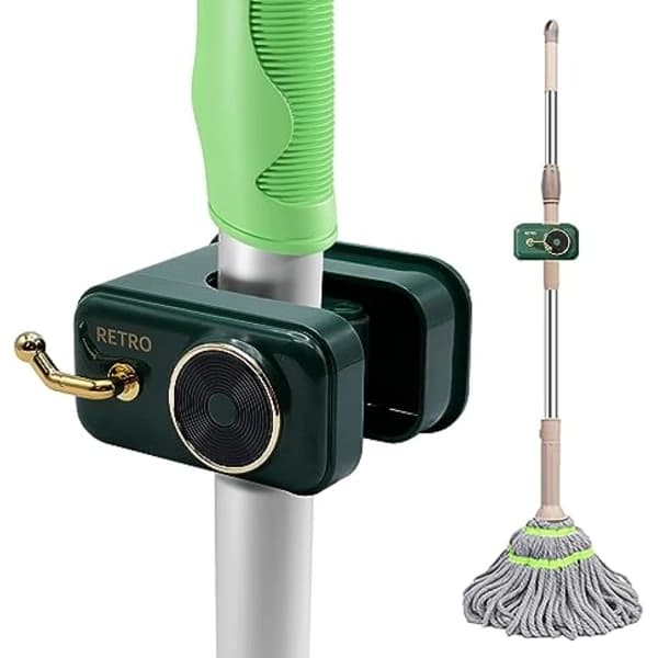 Kost- og moppholder for veggmontering, selvklebende, for vaskerom og leilighet, multifunksjonell, grønn