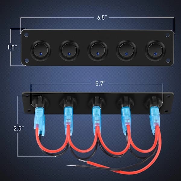 Rund blå LED-vippebryter 12-24V, bilbryterpanel, 5-veis, 12V bryterpanel for bil, lastebil