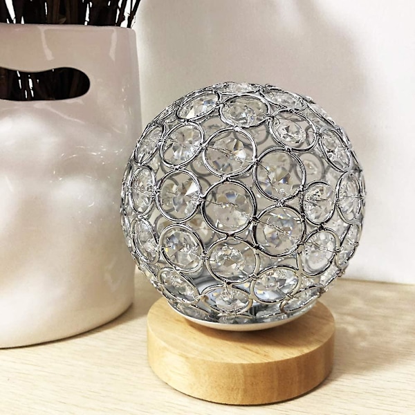 Kristall USB Bordslampa Silver Kristallkula med Träfot Nattlampa