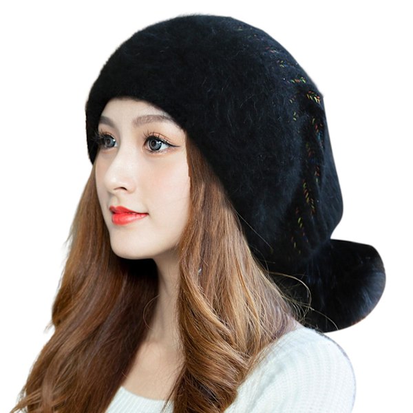 Strikket Baggy Slouchy Hat med Poms Pompon Elastisk Dobbelt Lag Varmt Foring Tyk Høs Vinter Dame Cap til Udendørs Sort Black One Size