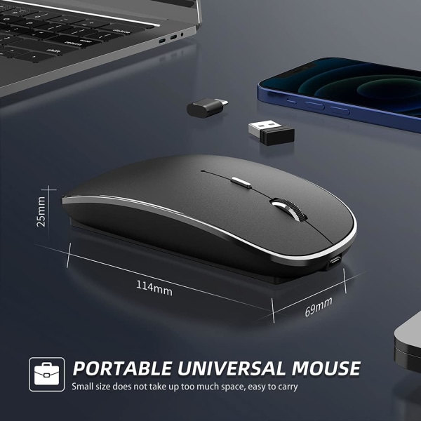 Trådløs mus, genopladelig, bærbar, lydløs trådløs mus, USB og Type-C, dobbelt tilstand, trådløs mus, 3 justerbare DPI til bærbar computer, Mac, PC