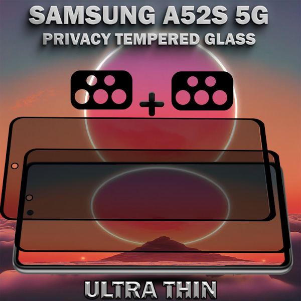2-pak Privacy Samsung A52S 5G Skærmbeskyttelse & 2-pak Linsebeskyttelse - Hærdet Glas 9H - Super kvalitet 3D