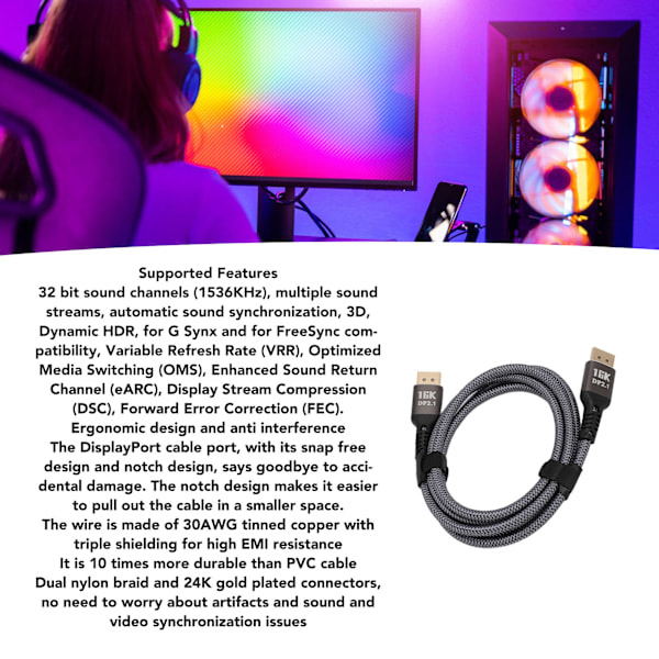 DisplayPort 2.1-kabel 16K 30Hz 40Gbps 3D Dynamisk HDR Hann til Hann DisplayPort-kabel for FreeSync for G Sync Gaming-skjerm 1,5 m