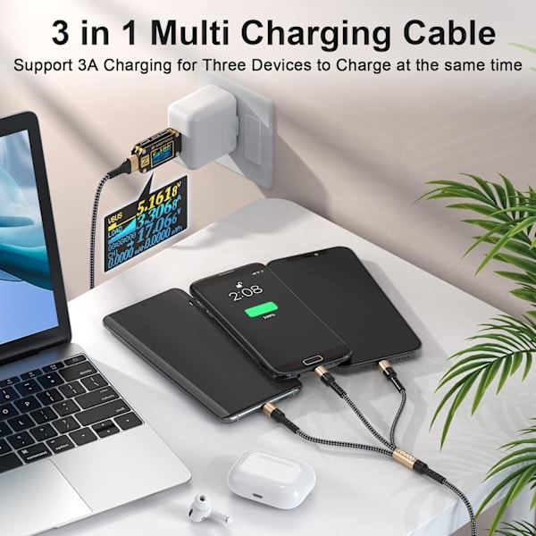 3-in-1 Universaalikaapeli [1.3M] Multi USB Nylonlatauskaapeli Micro USB Type C Lightning-kaapelilla iPhone, Samsung Galaxy, Huawei, Honor -puhelimille.