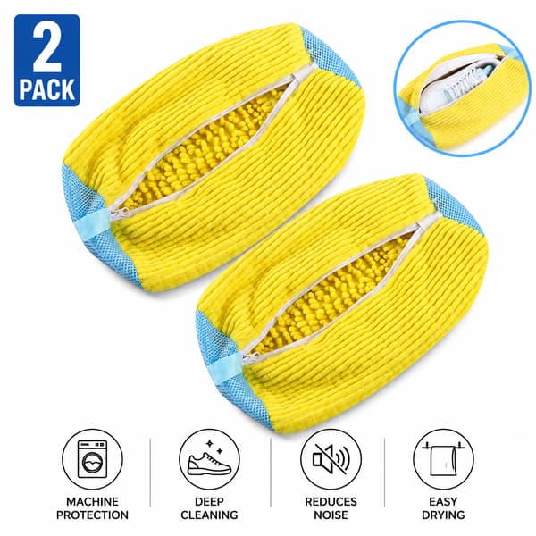 2-pack gula chenille skotvättmaskinspåsar, vadderade blixtlåsförsedda sneaker-tvättpåsar med fluffigt mikrofiberfoder för träningsskor yellow