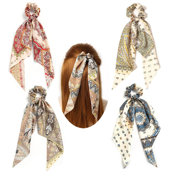 4 st Blommig Hårscarf Scrunchies för Kvinnor, Knuten Rosett Chiffong Hårband, Vintage Håraccessoarer Scrunchies med Långa Svanstippar