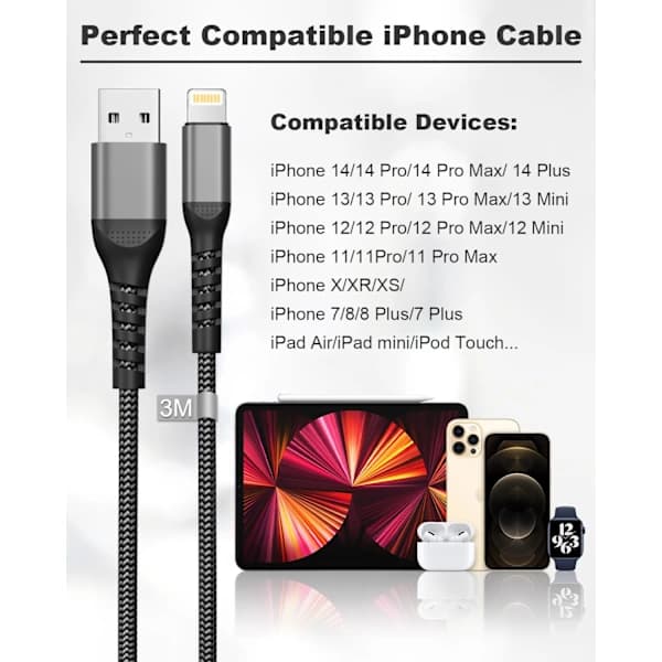 2025 Siste Modell iPhone Ladekabel 3M [MFi-Sertifisert], USB til Lightning Kabel 3M Lang iPhone Ladekabel Hurtigladekabel Nylon