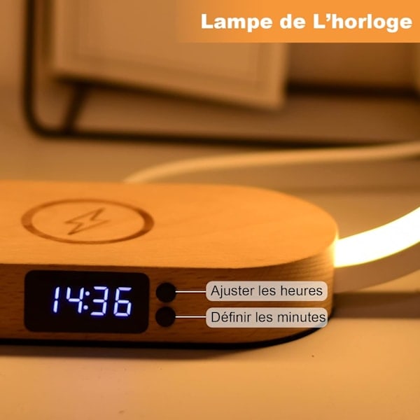 Trådløs Lader Sengelampe, Touch med USB-Port, Induksjonslader med Klokke, Bordlampe med 3 Fargemoduser og Dimbar, Tre & Hvit