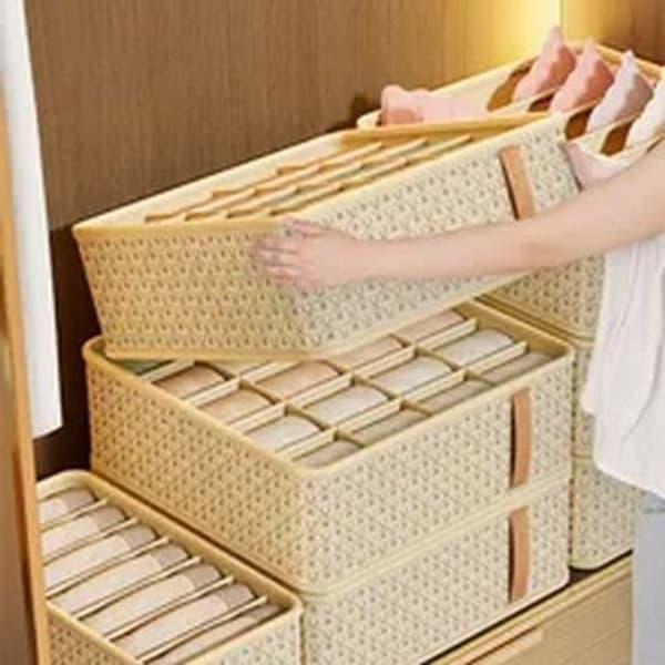 2-delt foldbar undertøjsorganizer, opbevaringsbokse med rum til bh'er og sokker, garderobeskuffeorganizer til soveværelset, beige